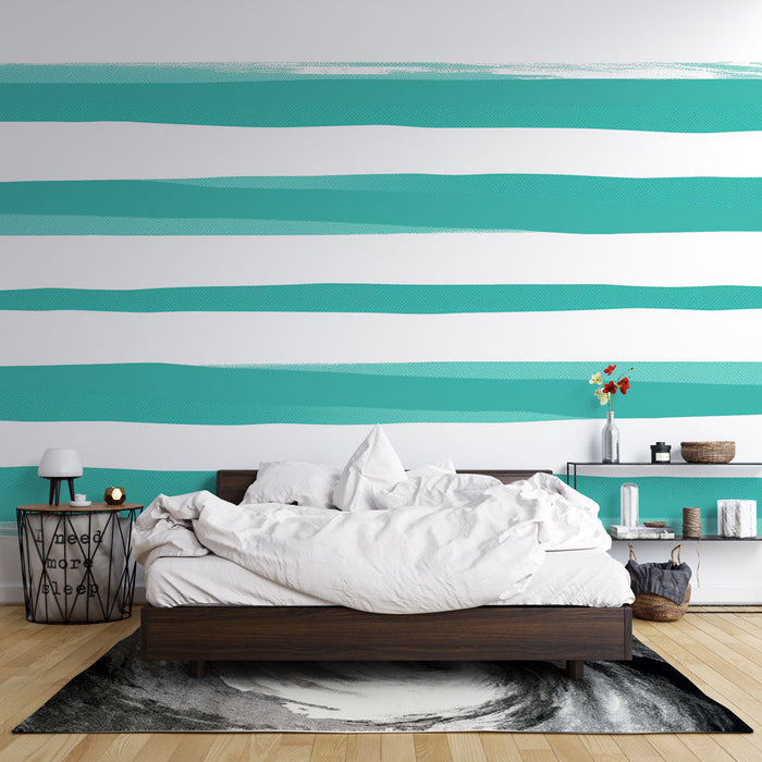 Neredne vodoravne črte Mural Wallpaper | Turquoise Blue