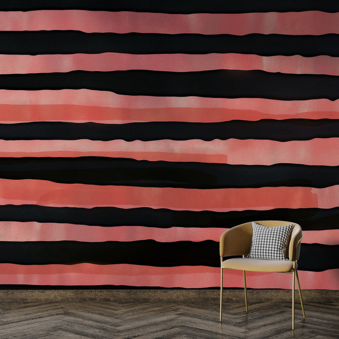 Irregular horizontal stripes mural wallpaper | Coral rose painting style