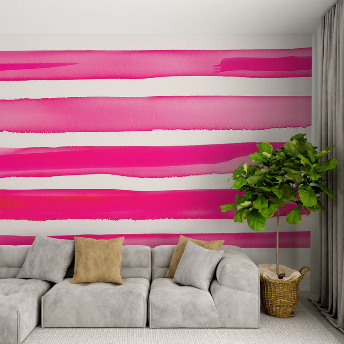 Tapete horizontale Streifen | Fuchsia-pink Aquarellstil