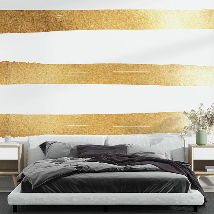 Horizontal stripes mural wallpaper | Gold paint style and white background