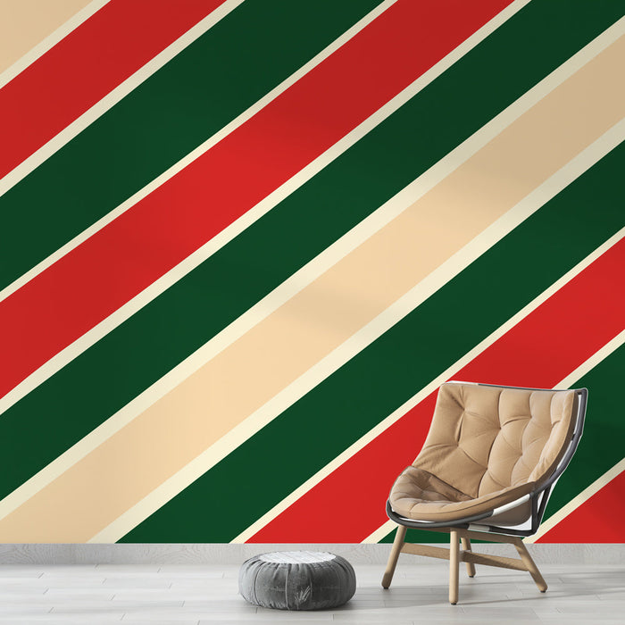 Tapeta šikmé pruhy | Červená zelená béžová