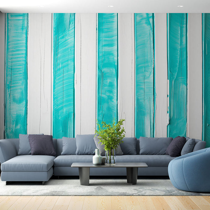 Tapetti pystysuorat raidat | Imitointi turkoosi sininen puulaudoilla