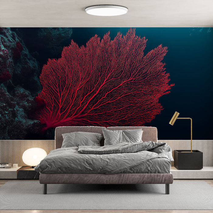 Mural Wallpaper coral-reef | Red coral pattern on a dark underwater background