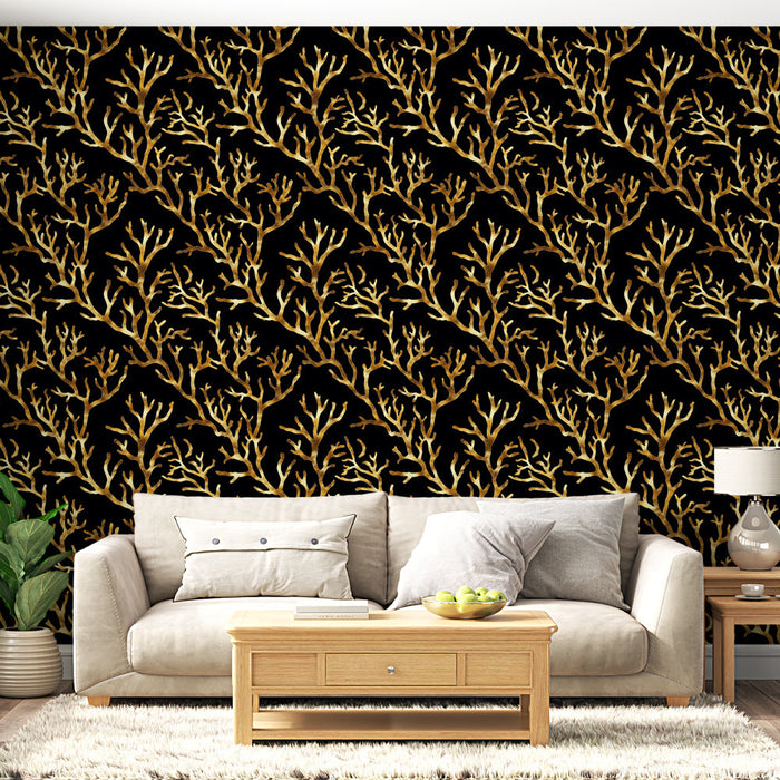 Tapeta korálový útes | Zlatý korálový motiv na černém pozadí