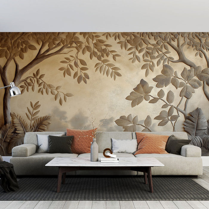 Tapete Relief Botanik | Reliefblättermuster auf goldenem Hintergrund