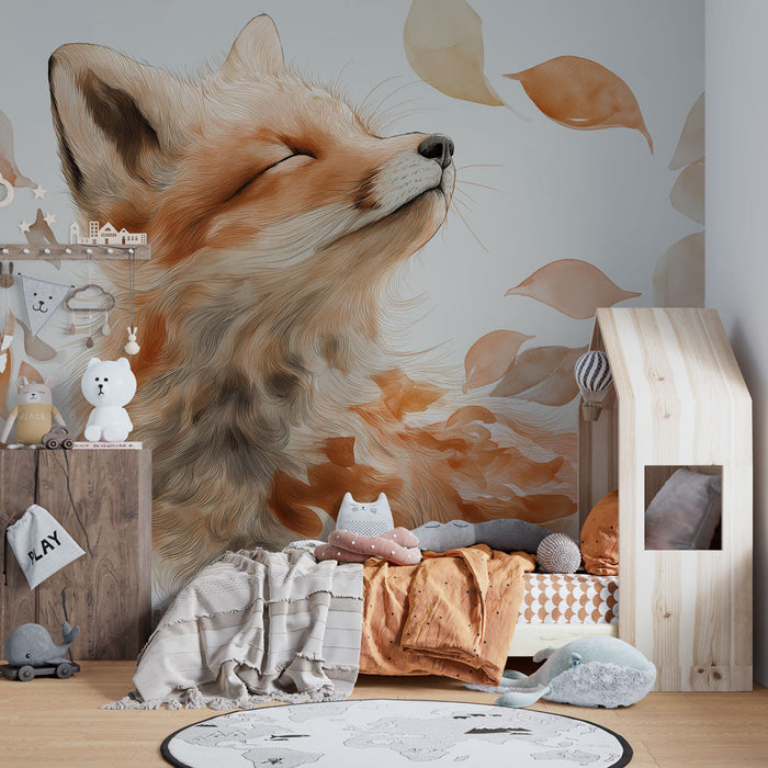 Tapeta renard artistique | Un renard paisible entouré de feuilles aux teintes douces
