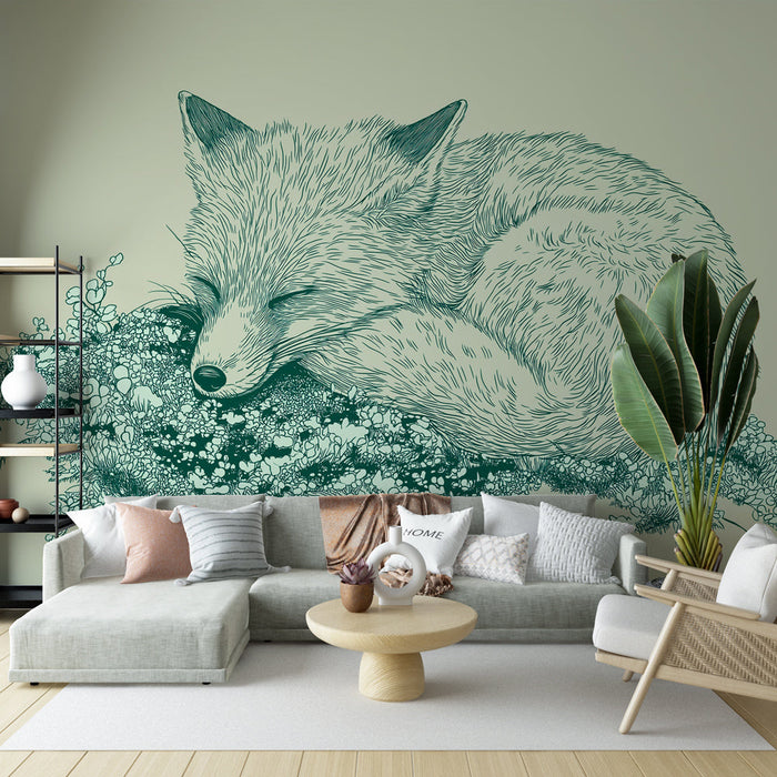 Papel de parede mural raposa sonolenta | Ilustração de uma raposa em um leito de flores