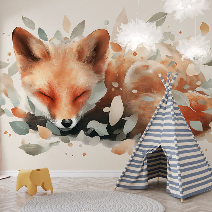 Tapeta z rysunkiem sennego lisa | Słodki rysunek lisa otoczonego kolorowymi liśćmi