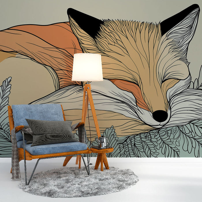 Tapet mural vulpe adormită | Ilustrații ale unei vulpi liniștite înconjurată de frunze delicate