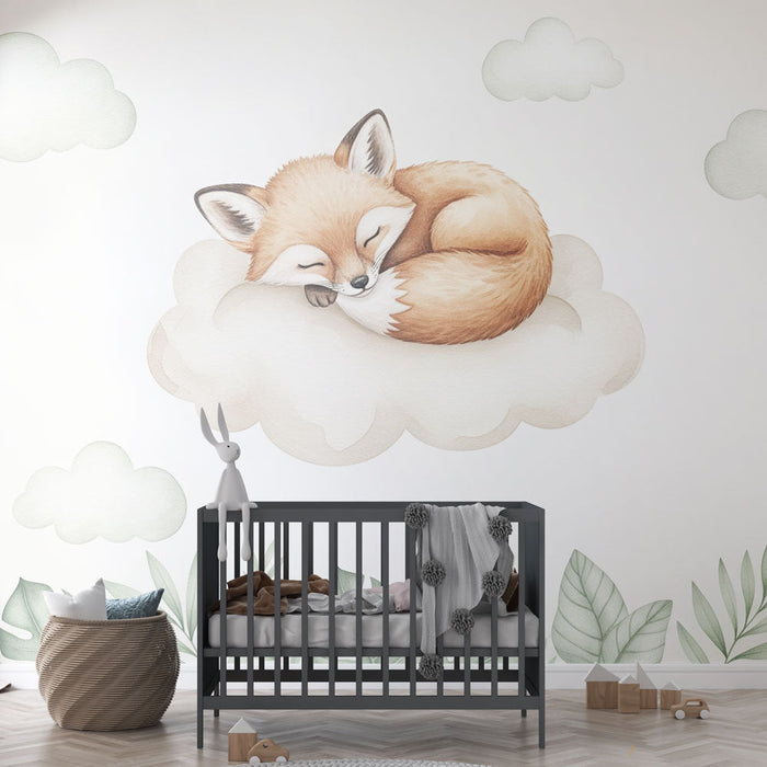 Fototapet sovande räv | En bedårande räv på en moln omgiven av tropiska blad