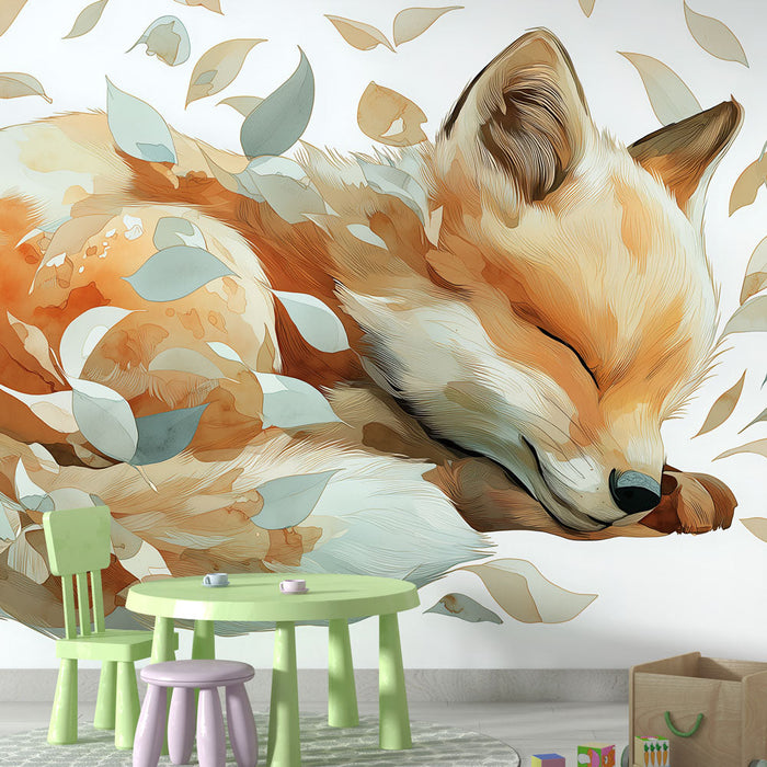 Tapet mural vulpe somnoroasă | O vulpe liniștită înconjurată de frunze delicate