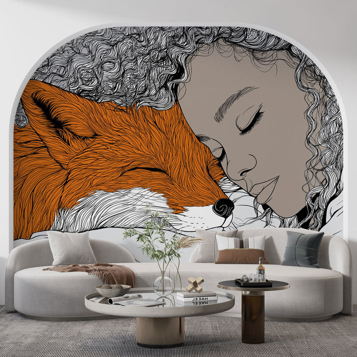 Carta da parati volpe e donna | Dolce illustrazione di una donna che dorme accanto a una volpe arancione