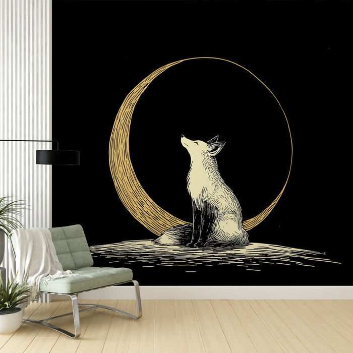 Fotótapé róka és hold | Illusztráció egy rókáról, amint aranyholdat néz fekete háttéren