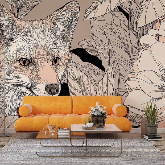 Ταπετσαρία τοίχου αλεπού | Εύθραυστη εικονογράφηση μιας αλεπού που κρύβεται ανάμεσα σε φύλλα και λουλούδια