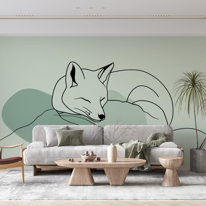 Fototapet fox minimaliste | Ένας γαλήνιος αλεπού που ξαπλώνει σε μια μαλακή πράσινη απόχρωση