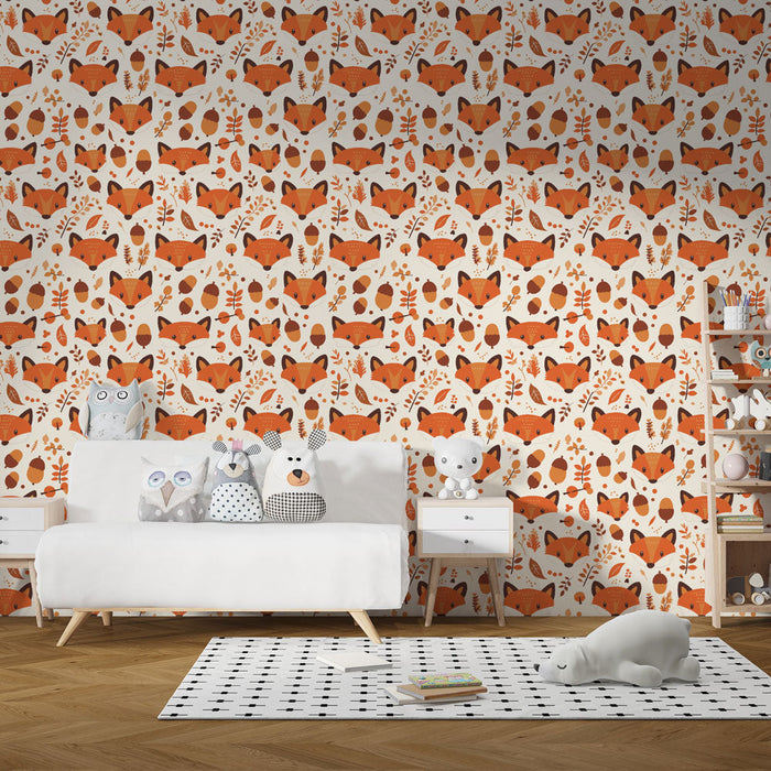Ταπετσαρία με τοίχο αλεπού | Παιχνιδιάρικο σχέδιο με εικονογραφημένες αλεπούδες και πολύχρωμα φύλλα