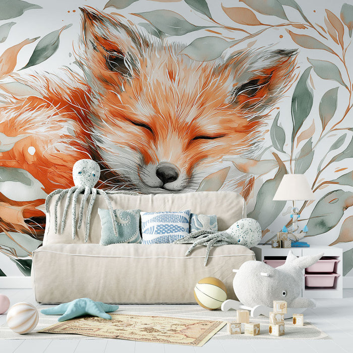 Fototapet lisica slikanje | Spalna lisica obdana z nežnimi listi