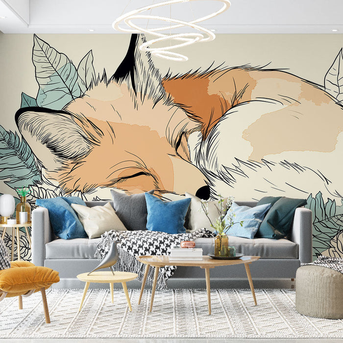 Fototapet renard | Renard endormi entouré de feuillages délicats