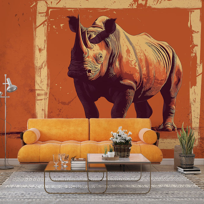 Tapete nosoroga | Umjetnička ilustracija nosoroga na svijetlo narančastoj pozadini