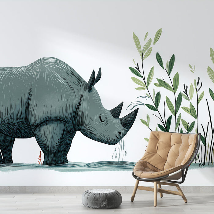 Tapetti sarvikuono | Sarvikuonon kuva keskellä herkkää lehvistöä