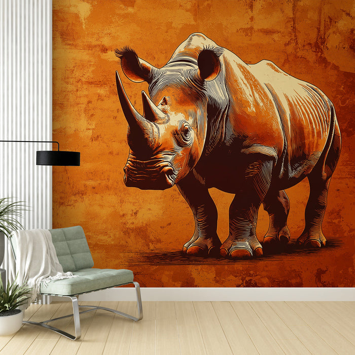 Tapetti sarvikuono | Tyylitelty kuva sarvikuonosta oranssilla taustalla