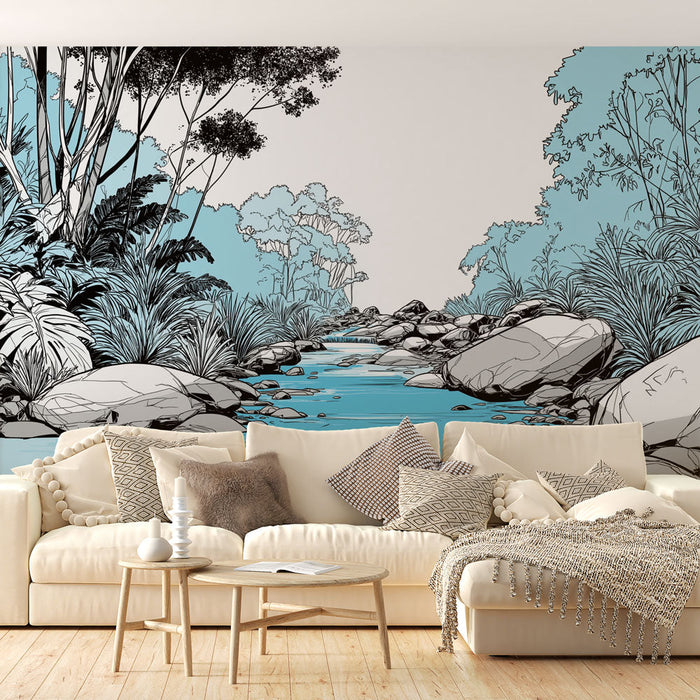 Tapeta tropická řeka | Minimalistická ilustrace řeky lemovaná stylizovanou vegetací