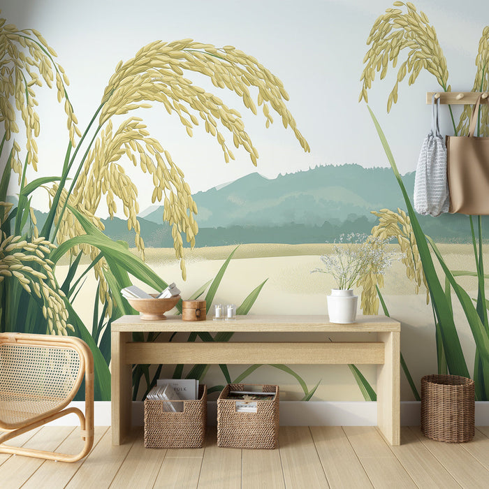 Foto Behang rijst | Gouden rijstoren en rustgevend landschap