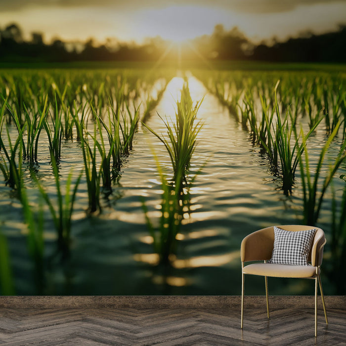 Tapete reisfeld | Junge Reissprossen leuchteten unter der untergehenden Sonne