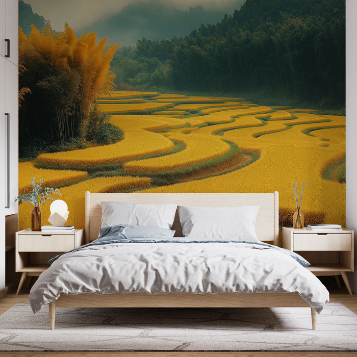 Papel pintado campo-de-arroz | Un paisaje de campos de arroz dorados y exuberantes