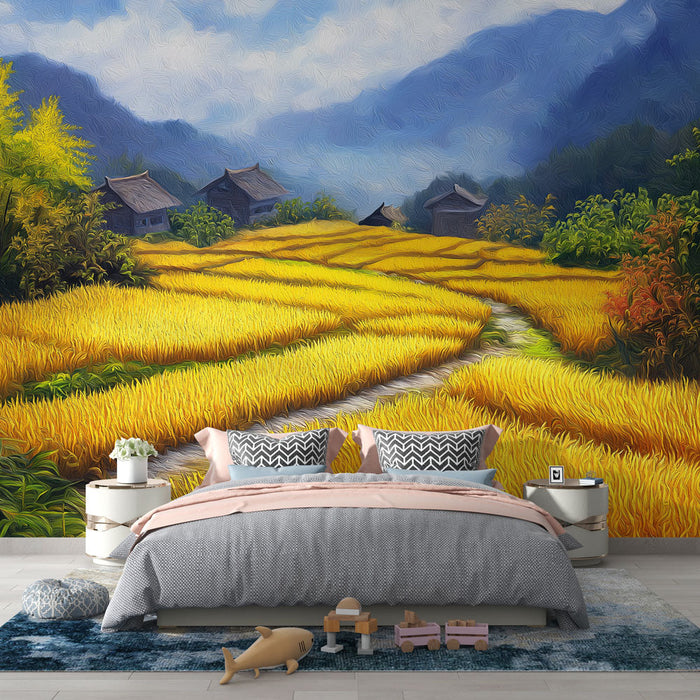 Tapeta zlatá rýžová pole | Bucolická krajina s planoucími rýžovými poli