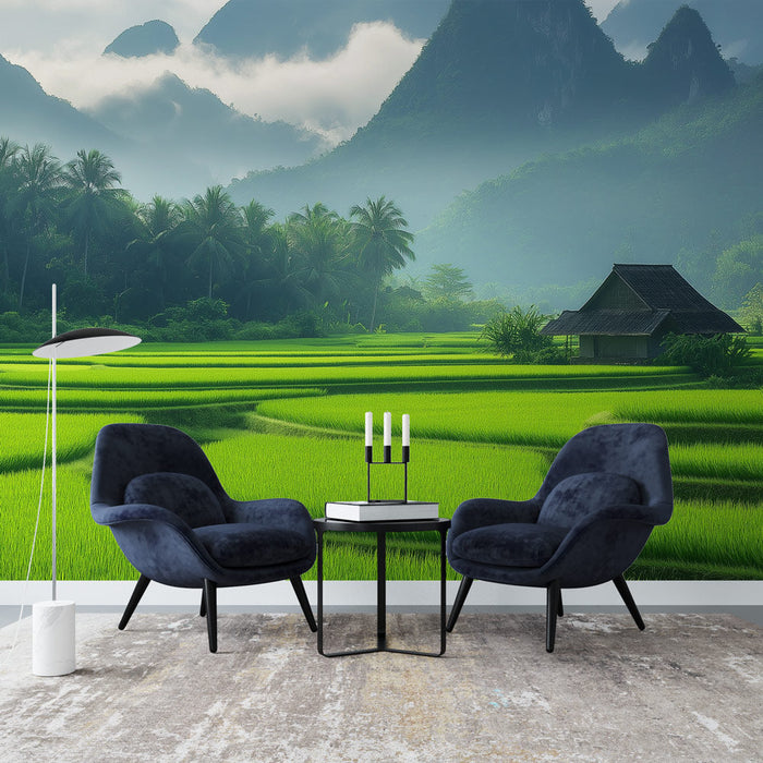 Ταπετσαρία τοίχου rice-fields | Σμαραγδένιο πράσινο τοπίο με βουνά και ομίχλη