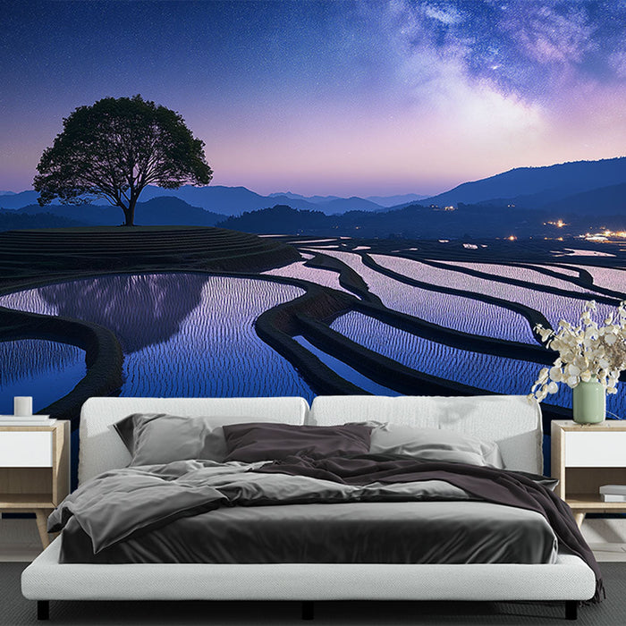 Mural Wallpaper campos de arroz | Campos de arroz iluminados sob um céu estrelado
