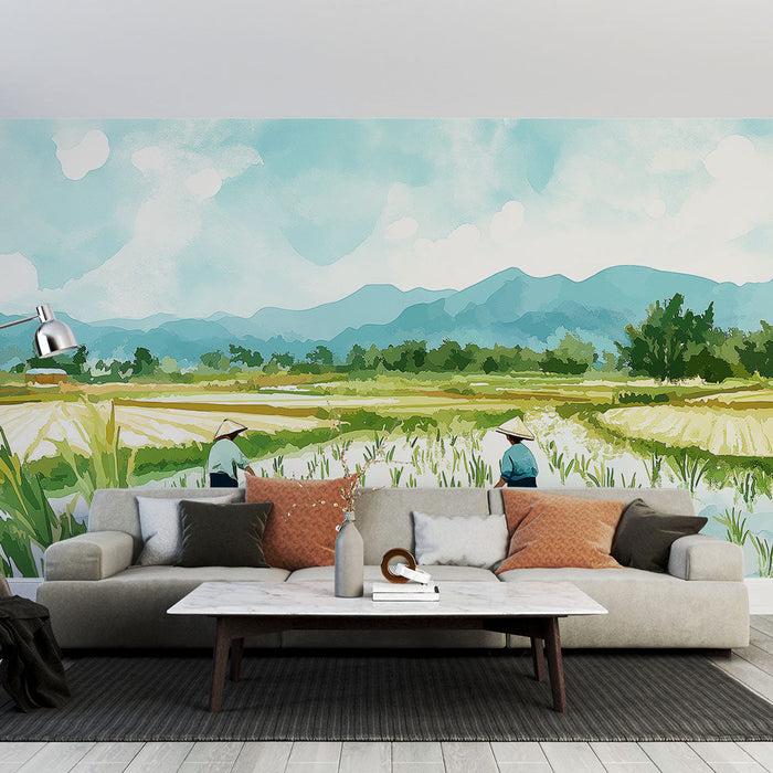 Tapeta ryzova-pole | Scéna pěstování rýže s horami v pozadí