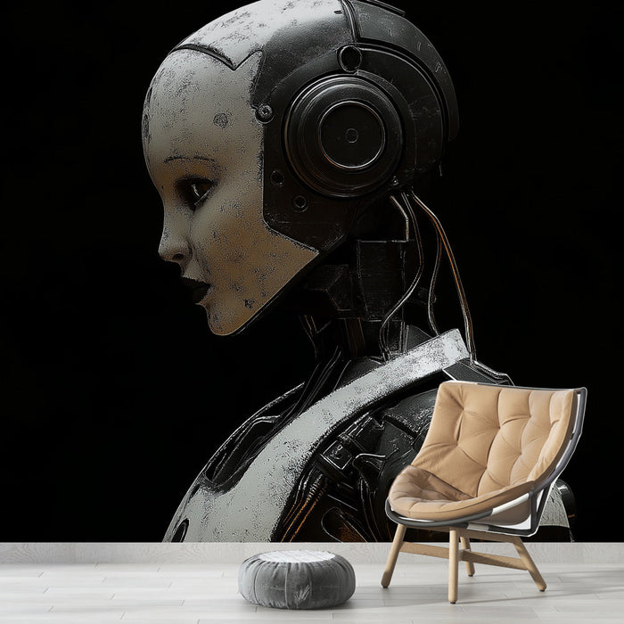 Tapete roboter | Profil eines humanoiden Roboters mit modernen Kopfhörern