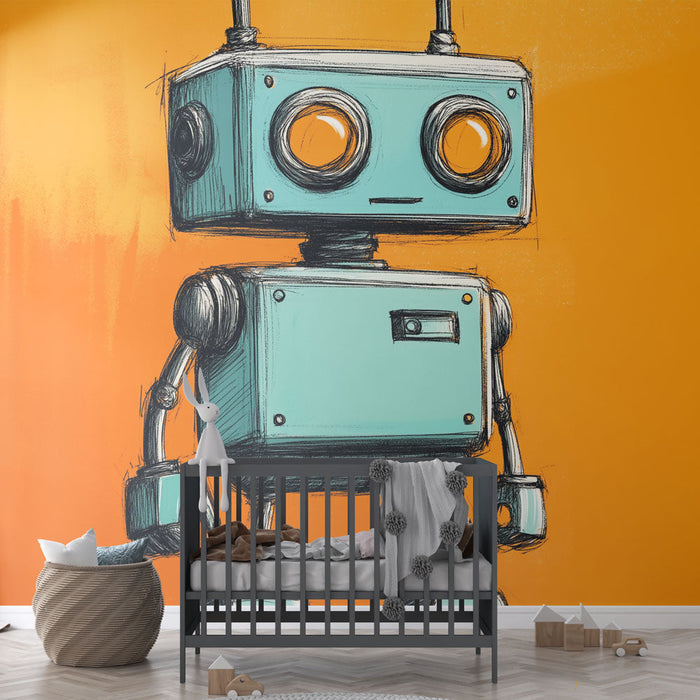 Falikép vintage robot | Illusztrált robot retro stílusban narancssárga háttéren