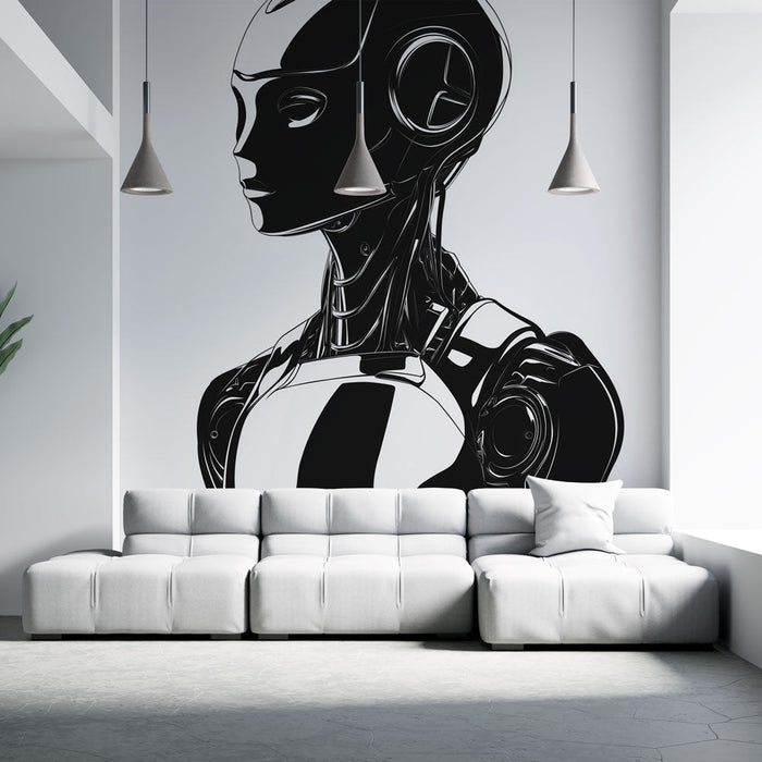 Papel pintado futurista robótico | modelo de robot humanoide en blanco y negro