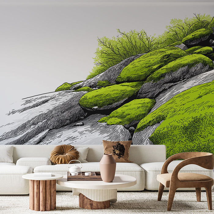 Tapetti rock ja sammal | Harmaa kivi koristeltu vihreällä sammaleella ja lehdillä