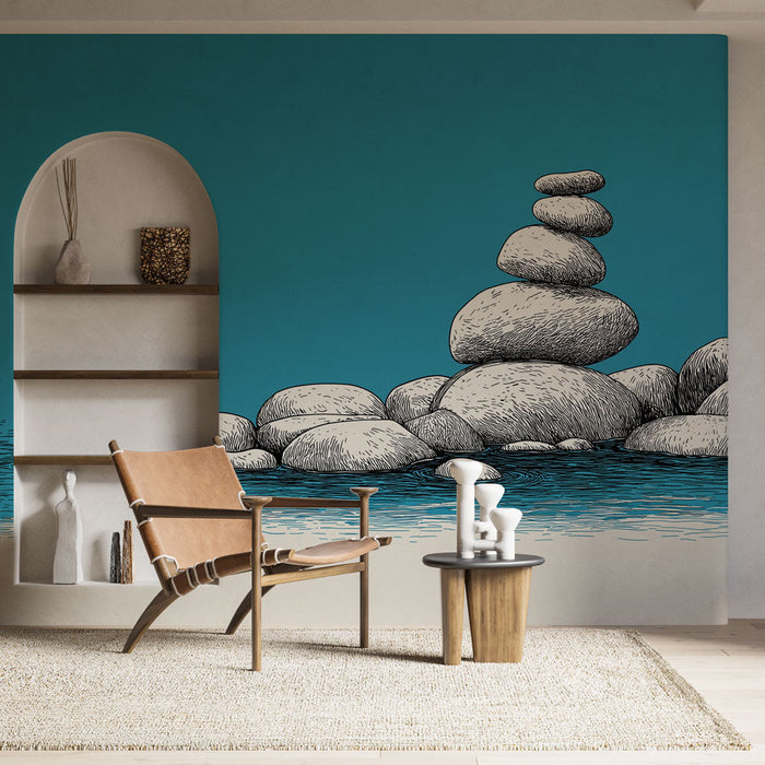 Tapeta rochers | Grafická kompozice bílých skal na tmavě modrém pozadí