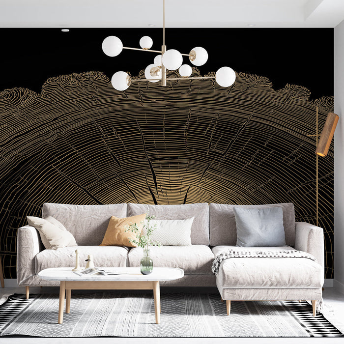 Fototapete Holzstämme | Stilisiertes Holzschnittmuster auf schwarzem Hintergrund