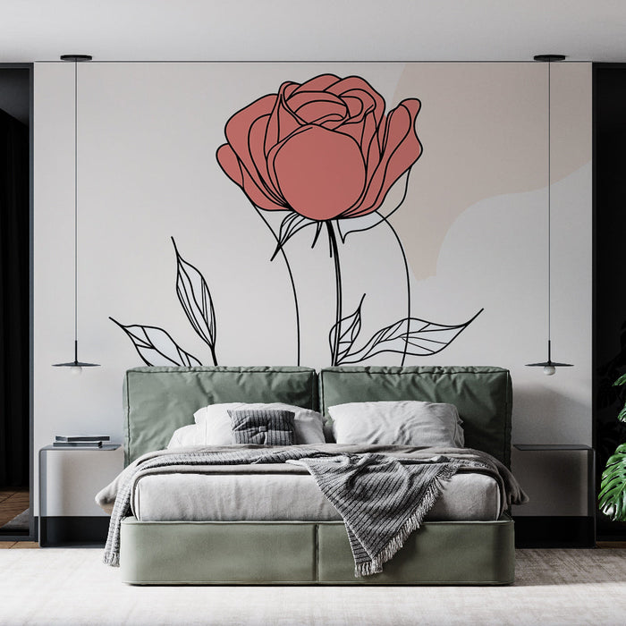 Korallroosa Mural Wallpaper | Elegantne Stiliseeritud Roos ja Õhukesed Jooned