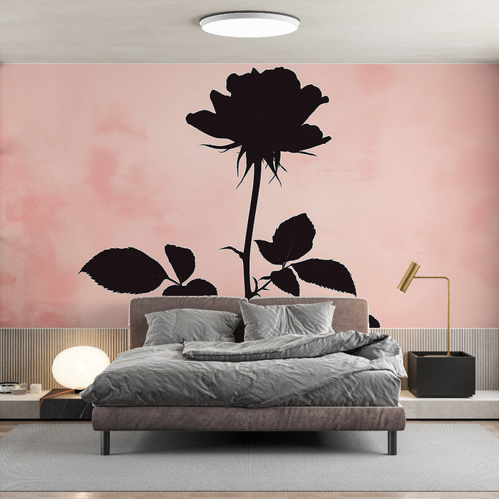 Black rose mural wallpaper | Silhouette of a rose on a pastel background