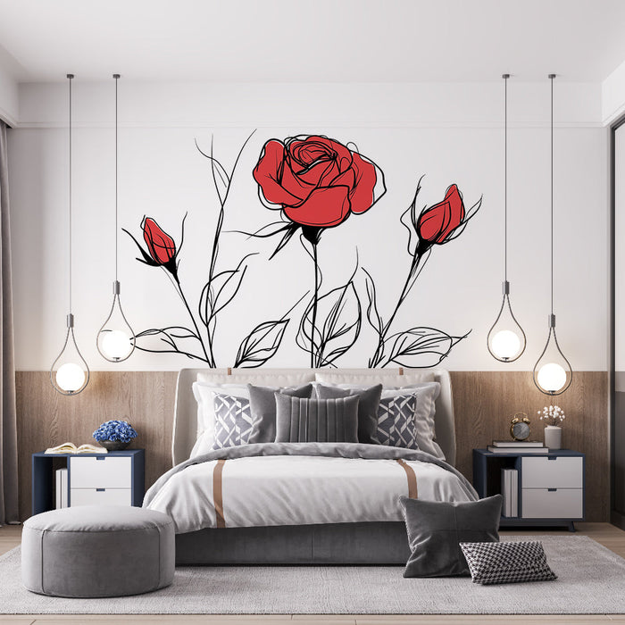 Red rose mural wallpaper | Elegant roses with black outlines