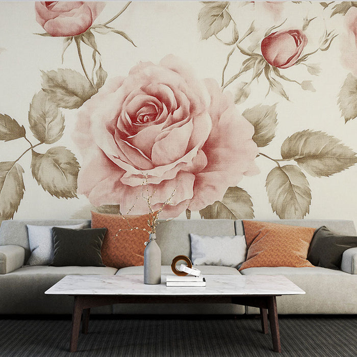 Tapeta vintage różowa | Duże różowe róże na kremowym tle