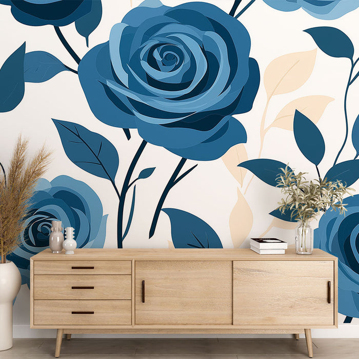 Mural Wallpaper blue roses | Stylized flowers on a light background