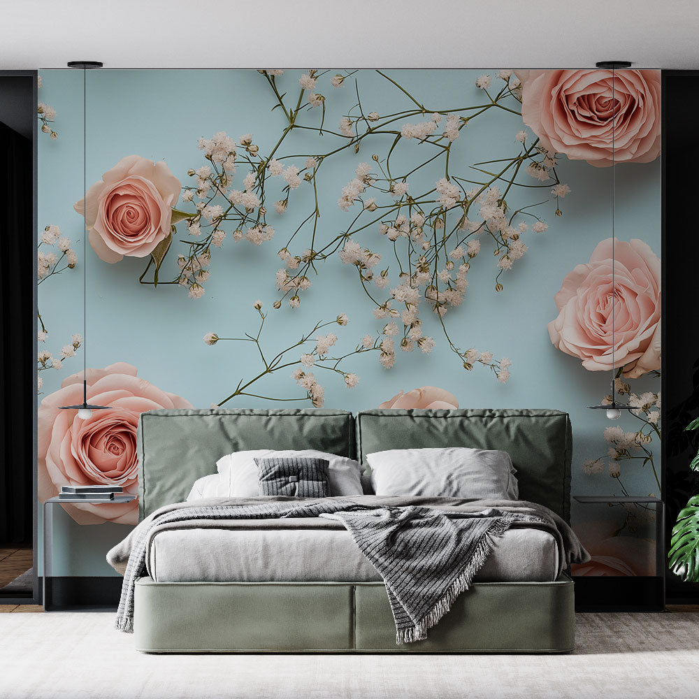 Carta da parati con rose | Bouquet di rose su sfondo blu rilassante —  WonderMural, image size:1000x1000