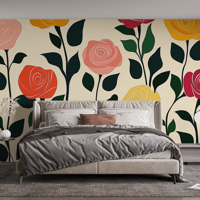 Mural Wallpaper colorful roses | Bright flowers on cream background