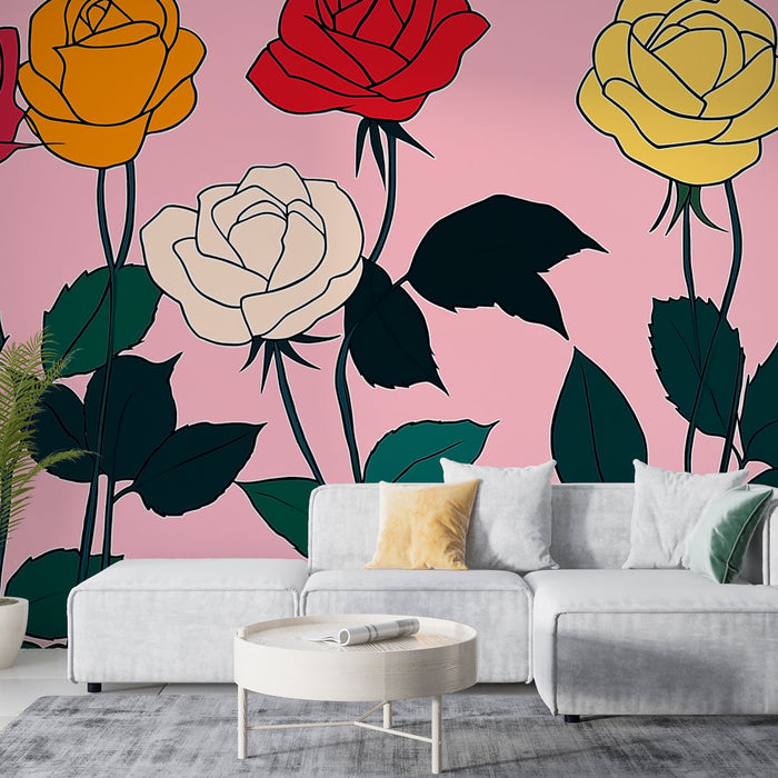 Mural Wallpaper colored roses | Bursts of colors on pink background