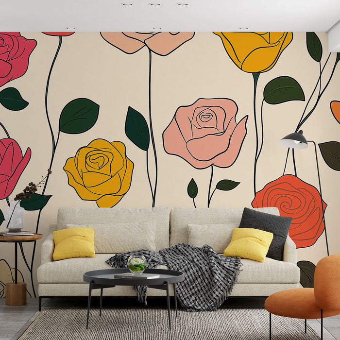 Mural Wallpaper colored roses | Vibrant flowers on neutral background