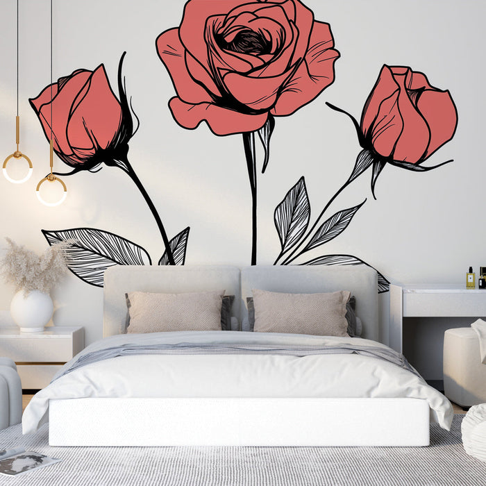 Papel de parede rosas coral | Flores elegantes e folhagens delicadas