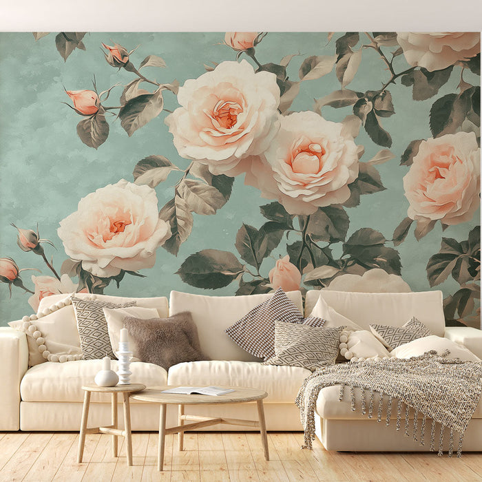 Mural Wallpaper delicate roses | Blush flowers on aquamarine background